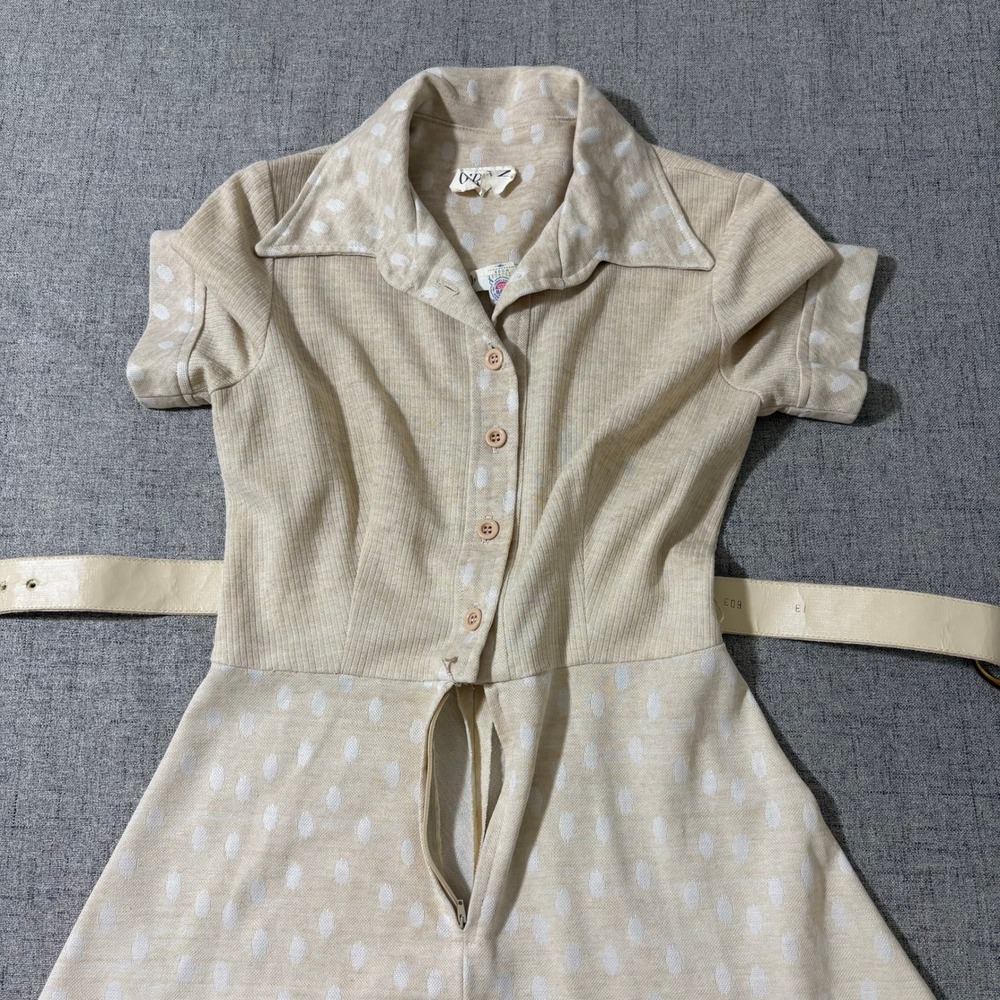 Vintage 70s O Bryan Dress Women Small 4 Beige Belted A Line Dress Polka Dot - Picture 4 of 11